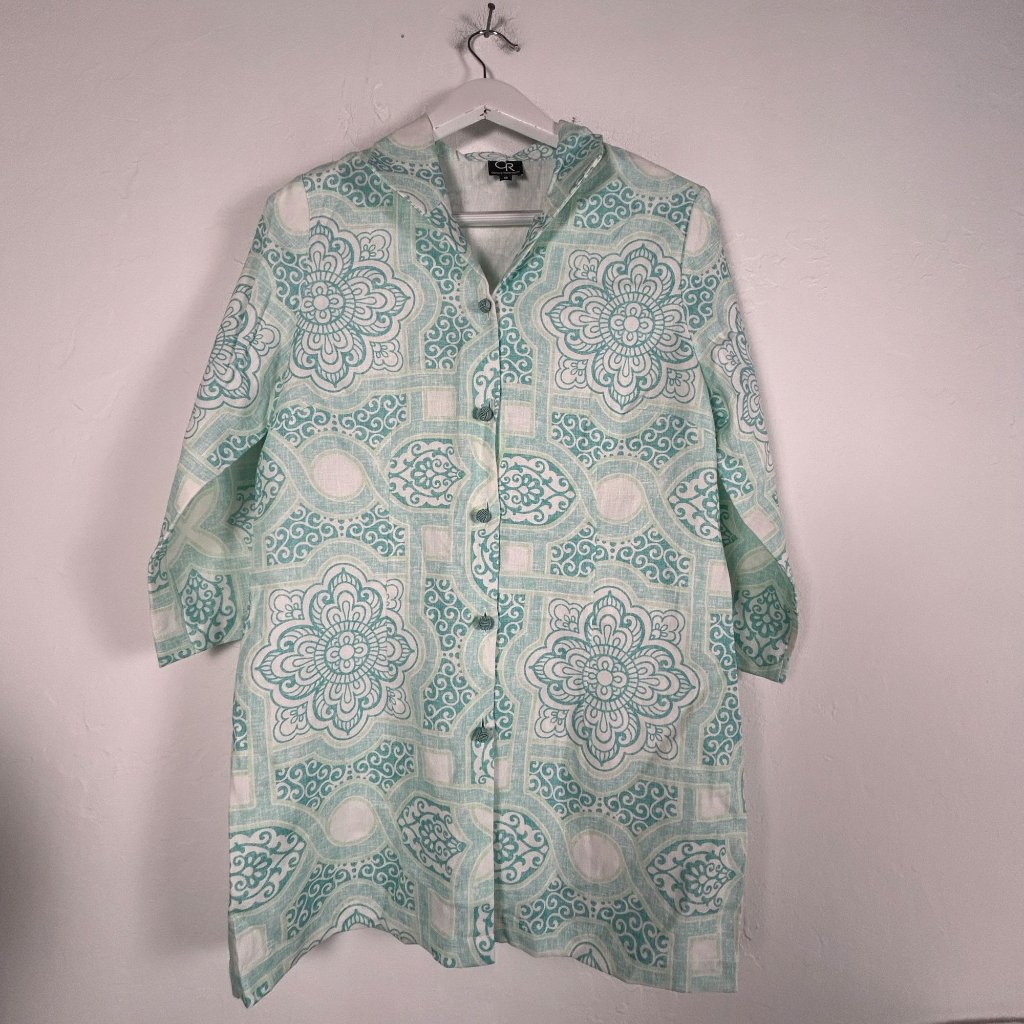 Connie Roberson Turquoise & White Floral Linen Button-Down Tunic Top Small